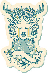 Retro Tattoo Style crying elf druid character face with natural one roll