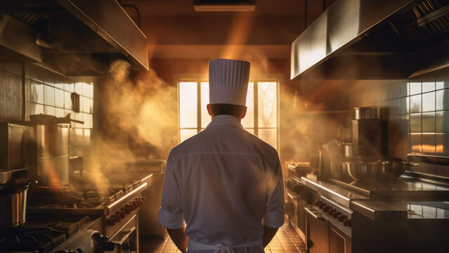 Back view of confident male chef standing in modern kitchen. Generative AI
