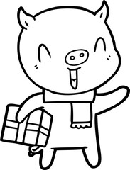 happy cartoon pig with xmas present