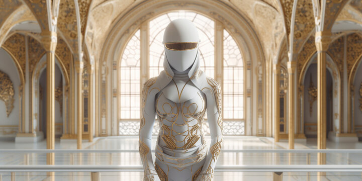 Mensch in futuristischem Cyperspace Anzug Wei&szlig; mit gold und Helm, ai generativ