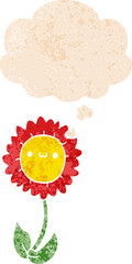 cartoon flower with thought bubble in grunge distressed retro textured style