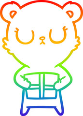 rainbow gradient line drawing of a peaceful cartoon bear with present