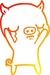warm gradient line drawing of a cartoon pig crying
