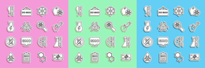 Set line Genetic engineering modification, DNA research, search, Genetically modified apple, GMO, Biohazard symbol, Test tube and flask, chicken and magnifying glass icon. Vector