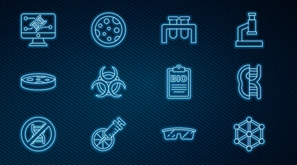 Set line GMO, Genetically modified meat, Test tube and flask, Biohazard symbol, Petri dish with bacteria, engineering modification, Document for bio healthy food and icon. Vector