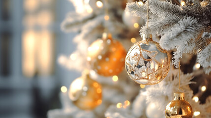 Christmas tree branches decorated with golden and white balls on a light background, banner, Christmas card. Generative AI