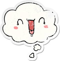 happy cartoon face with thought bubble as a distressed worn sticker