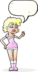 cartoon woman making dismissive gesture with speech bubble