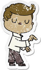 distressed sticker of a cartoon aloof man pointing finger