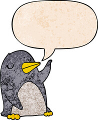 cartoon penguin with speech bubble in retro texture style