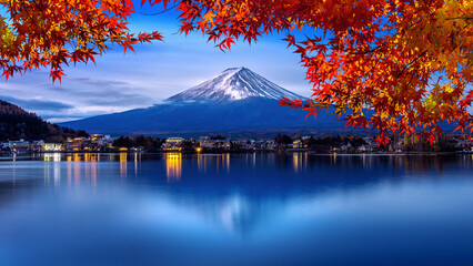 Fuji mountain and Kawaguchiko lake in morning, Autumn seasons Fuji mountain at yamanachi in Japan.