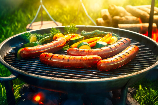 Sausages on the grill next to grilled vegetables. Ai generativ.