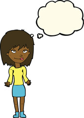 cartoon woman shrugging shoulders with thought bubble