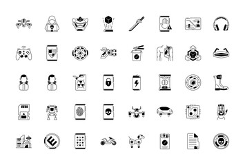 Cyberpunk icons set. Exoskeleton and high tech technology. Unique thin icons set of future world dystopia, nuclear disaster. Premium quality symbol collection. Modern pictogram pack