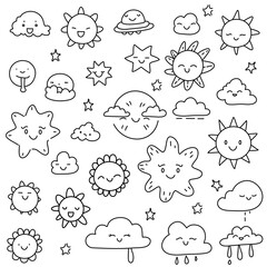 Cute doodle vector of suns, stars and clouds