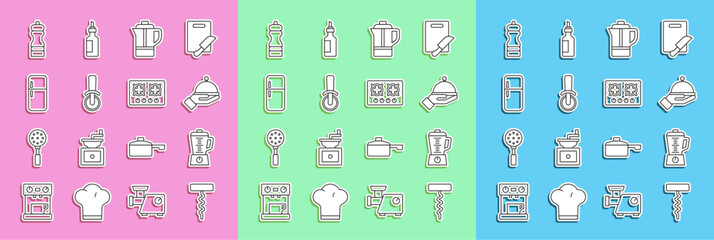 Set line Wine corkscrew, Blender, Covered with tray, Teapot, Pizza knife, Refrigerator, Pepper and Gas stove icon. Vector
