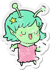 distressed sticker of a happy alien girl cartoon