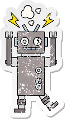 distressed sticker of a cute cartoon malfunctioning robot