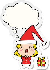 cartoon girl wearing christmas hat with thought bubble as a printed sticker