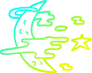 cold gradient line drawing of a cartoon spooky moon