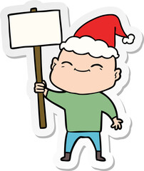 happy hand drawn sticker cartoon of a bald man wearing santa hat