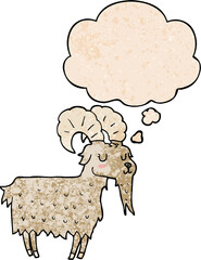 cartoon goat with thought bubble in grunge texture style