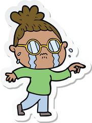 sticker of a cartoon crying woman wearing spectacles