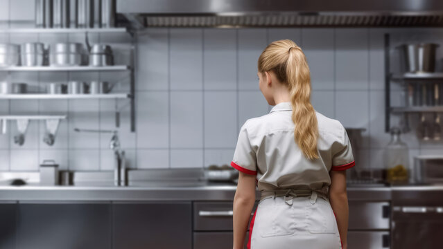 Dish washing woman standing alone in the kitchen, Generative AI
