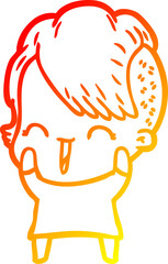 warm gradient line drawing of a cartoon happy hipster girl