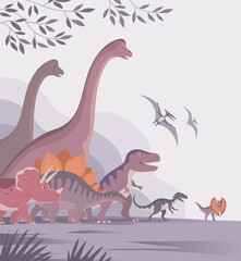 Group of dinosaurs. T rex, brachiosaurus, pteranodon and triceratops. Jurassic animals. Children toys, attraction and entertainment park. Cartoon vector illustration © Mikhail