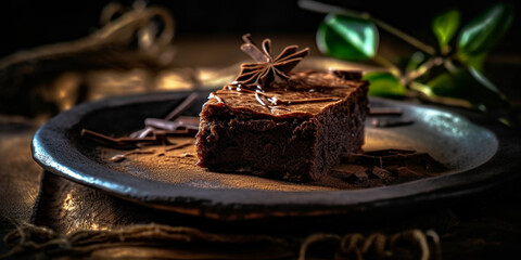 Schokoladen Kuchen Brownie lecker angerichtet und dekoriert, ai generativ