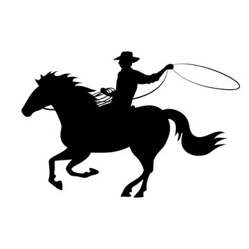 Cowboy man in a hat rides a horse. Black silhouette. Swinging rope lasso. Wild West landscape, western, rodeo and horse racing. Cartoon vector illustration