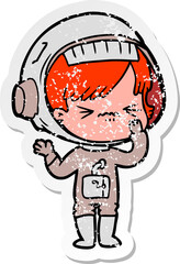 distressed sticker of a angry cartoon space girl
