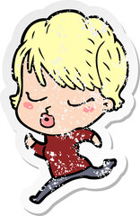 distressed sticker of a cartoon woman with eyes shut