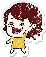 distressed sticker of a cartoon laughing vampire girl