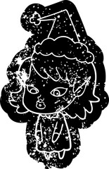 quirky cartoon distressed icon of a elf girl with pointy ears wearing santa hat