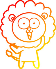 warm gradient line drawing of a happy cartoon lion