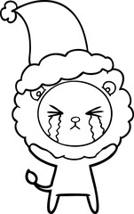 hand drawn line drawing of a crying lion wearing santa hat