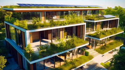 Modern eco-friendly multifamily homes with photovoltaic cells.AI generativ