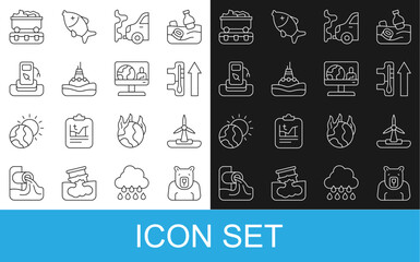 Set line Polar bear head, Wind turbine, Global warming, Car exhaust, Floating buoy on the sea, Petrol or gas station, Coal train wagon and Weather forecast icon. Vector