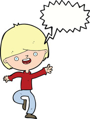 cartoon happy boy dancing with speech bubble