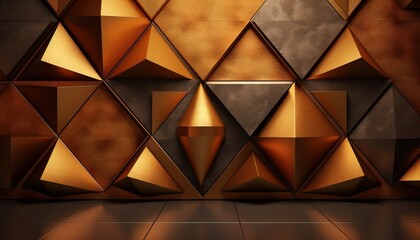 A beautiful 3D background with a textured wall with voluminous golden brown triangles and smooth podium