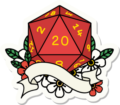 sticker of a natural twenty D20 dice roll