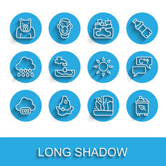 Set line CO2 emissions in cloud, Glacier melting, Polar bear head, Recycle bin with recycle, Water problem, Global warming and Sun icon. Vector