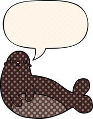 cartoon seal with speech bubble in comic book style