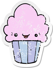 distressed sticker of a cartoon cupcake with face