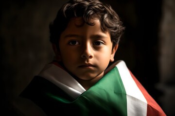 Portrait of a little boy holding the flag of Mexico