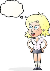 cartoon woman with hands on hips with thought bubble
