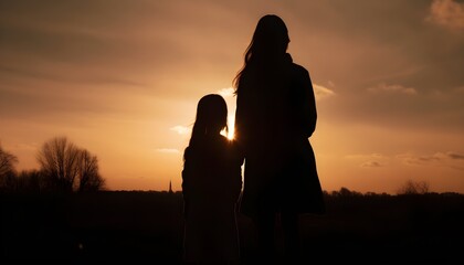 Silhouette of a mother and daughter watch the sunset in the desert field. Generative AI