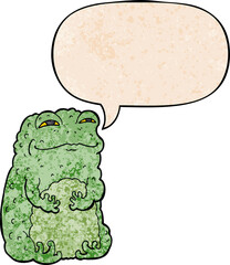 cartoon smug toad with speech bubble in retro texture style